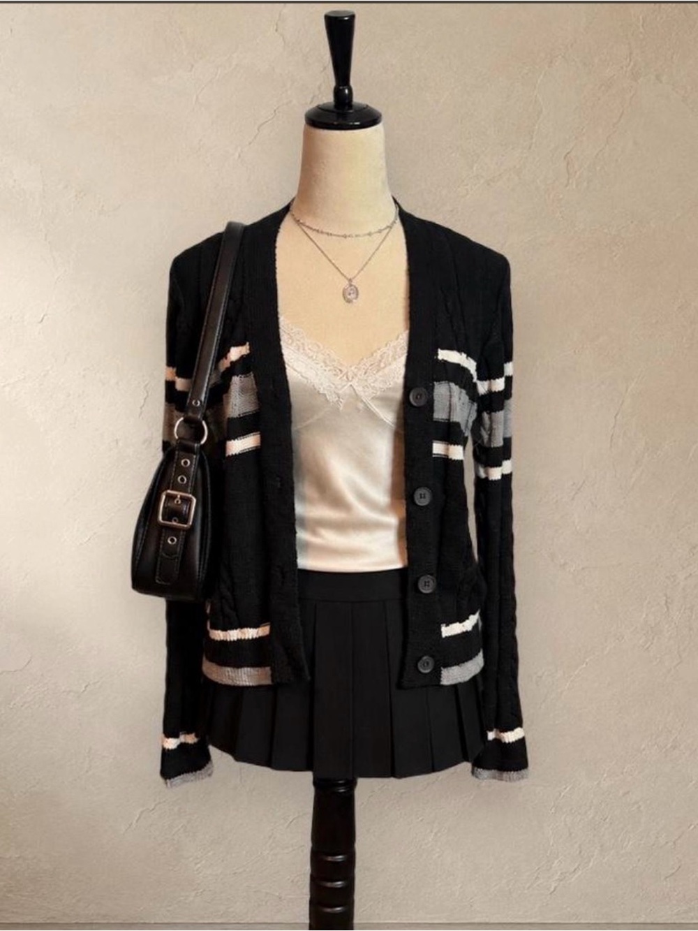 Maurices Black Cardigan with White and Gray Stripe Accents